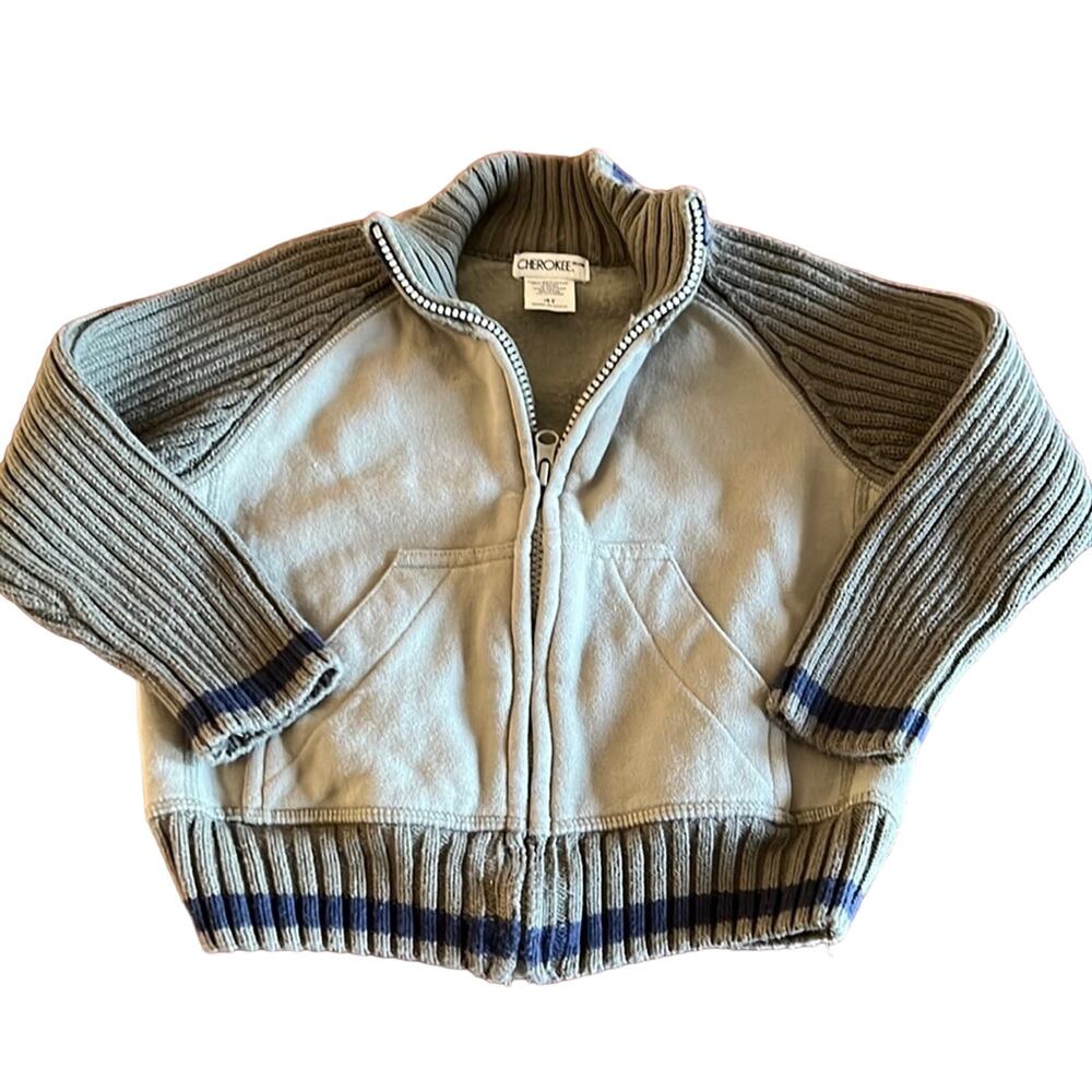 Cherokee 4T Green & Navy Zip Front Sweater/Sweatshirt Jacket Fall Spring